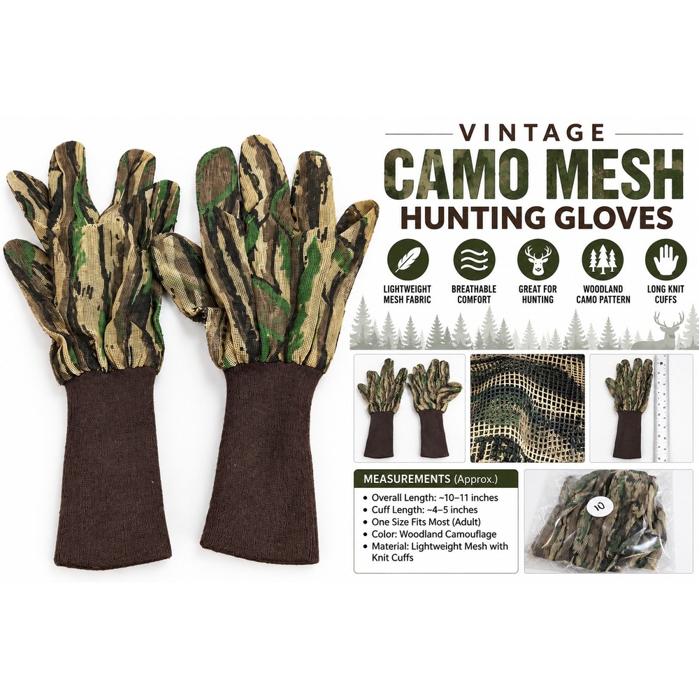 Vintage Realtree Camo Mesh Hunting Gloves Woodland Camouflage Knit Cuff OSFM
